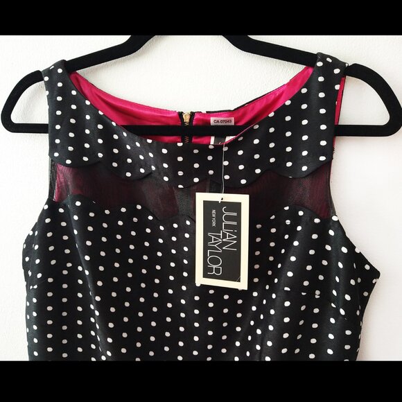 Black & White Polka Dot Julian Taylor Dress with Sheer Cut-out and Pocket… - Picture 4 of 7